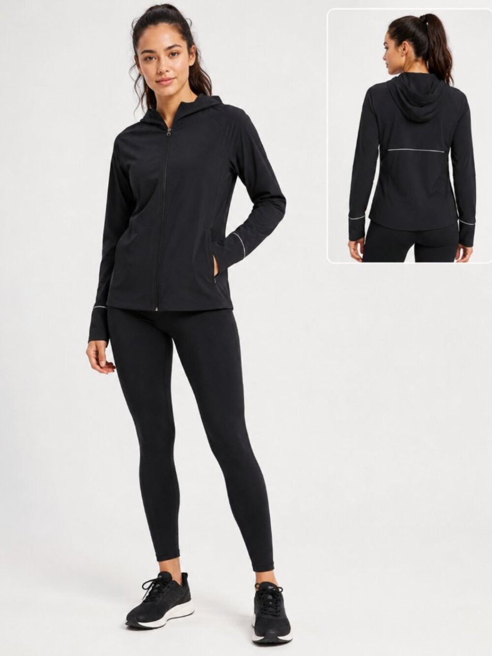 Fit2Run Black Full-Zip Hooded Running Jacket Reflective Thumbholes Size M